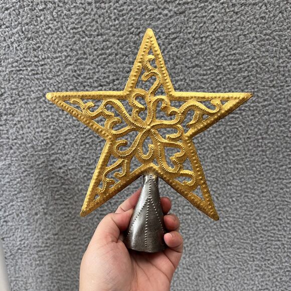 Gold Filigree Star Christmas Tree Topper Metal Art Handmade in Haiti Home decor - Picture 2 of 8